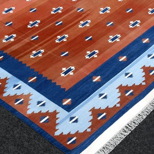 Handwoven Cotton Area Rug Red & Blue Geometric Motifs Artisan Made Dhurrie Reversible Flatweave Indian Rug Dhurry Home decor Christmas Gift