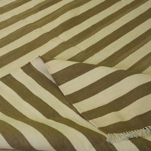 Brown Striped Handmade Area Rug Flatweave, Earthy Tone Kilim, Neutral Cotton Dhurrie, Scandinavian Carpet, Modern Indian Dhurries For Decor