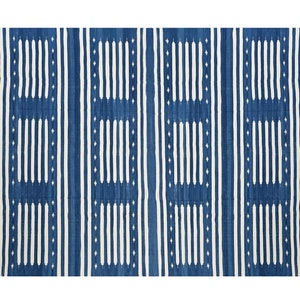 Handwoven Cotton Rug Blue & White Striped motifs Handmade Area Rug Natural Dyed Indian Dhurrie Reversible Wall Tapestry Living Room Rug Gift