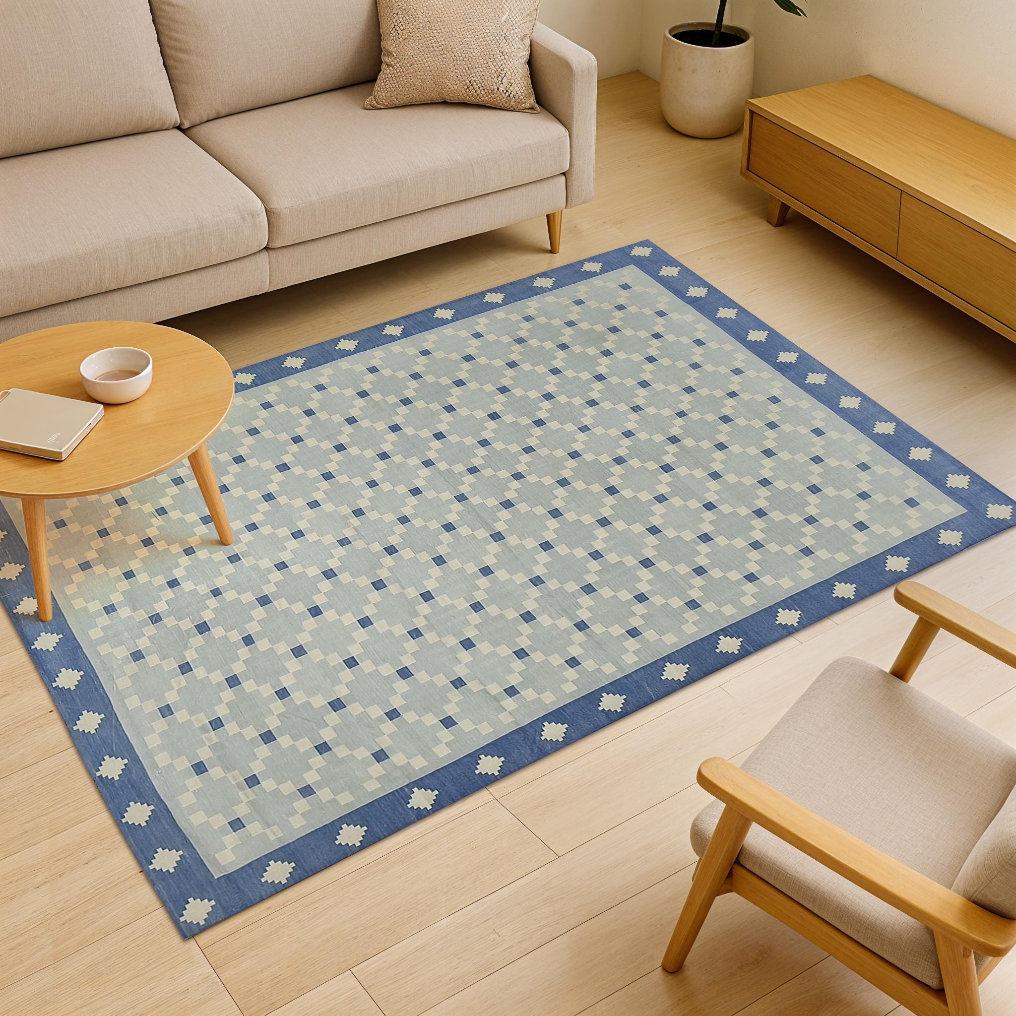 Handwoven Blue Cotton Rug Geometric Pattern Modern Kilim Dhurrie ...