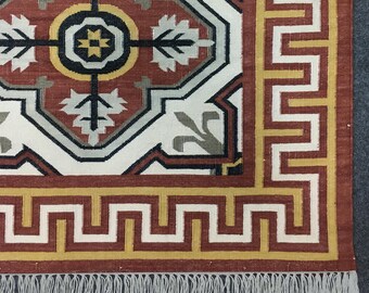 Reversible Brown White Cotton Kilim Rug – Indian Dhurrie, Bohemian Handmade Kilim, Brown & White Traditional Area Rug, Living room Decor