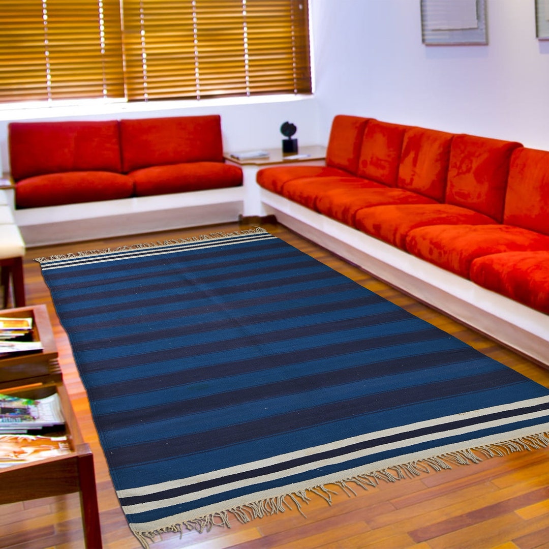 Punjabi Rugs Navy Blue Striped Punjabi Dhurrie Rug 3.6x6.3–6.6 Ft | Handmade Cotton ...