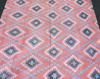 Handwoven Cotton Rug Dhurry Reversible Pink Geometric Flatweave Kilim Dhurrie Rug Handmade Eco-Friendly Boho Home Decor Christmas gift Rug