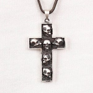 Skulls in Cross Handmade Sterling Silver Men Charm Necklace, Skull Silver Men Gothic Jewelry, Cross & Skull Punk Necklace, Skull Necklace