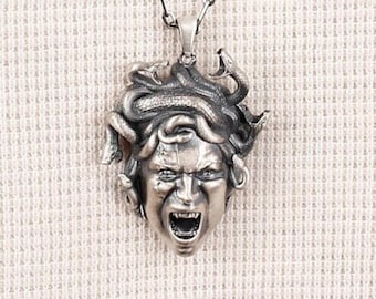 Handmade Sterling Silver Angry Medusa Pendant Necklace, Greek Mythology Jewelry