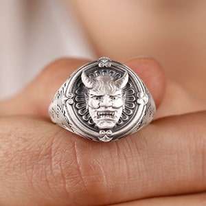 Hannya Mask Ring for Men in Silver, Japanese Oni Mask Ring, Demon Ring For Men in Gothic Style, Devil Ring For Boyfriend, Gift For Him