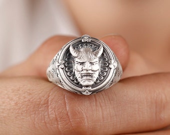 Sterling Silver Hannya Mask Ring, Japanese Oni Demon, Gothic Jewelry