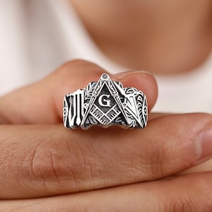 Master Mason Symbol with Engraved Eye of Providence Handmade Sterling Silver Men Ring, Sterling Silver Master Mason Ring, Mason Ring For Men