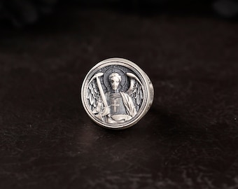 Anillo de San Miguel en plata de ley oxidada, hecho a mano, joyería religiosa