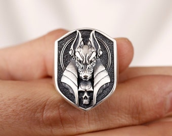 Handmade Sterling Silver Anubis Signet Ring, Egyptian God Biker Jewelry