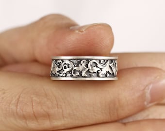 Oxidized Sterling Silver Rococo Leaf Ring, Floral Wedding Band