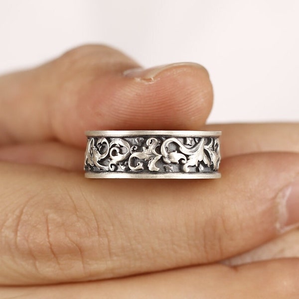 Carved Leaf Motif Promise Men Band Silver Ring, Floral Engagement Ring, Oxidized Rococo Ornament Men's Wedding Band Ring in Sterling Silver