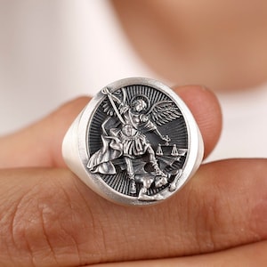 St Michael Signet Silver Ring For Men, Silver Saint Michael Oxidized Archangel Ring, Christian Men Ring, Religious Ring, Silver Ring For Men