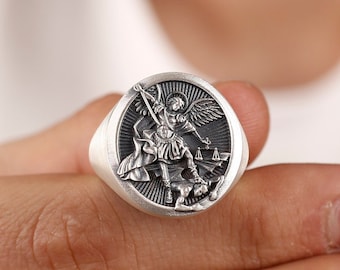 Anillo de sello de San Miguel en plata de ley, anillo de arcángel oxidado