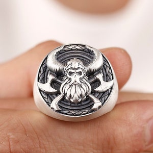 Viking Warrior Handmade Sterling Silver Men Biker Signet Ring, Gift For Him, Norse Mythology Gothic Ring, Viking with Axe Silver Men Jewelry