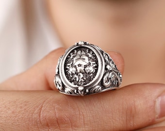 Anillo de sello de león en plata esterlina hecho a mano, joyería africana salvaje
