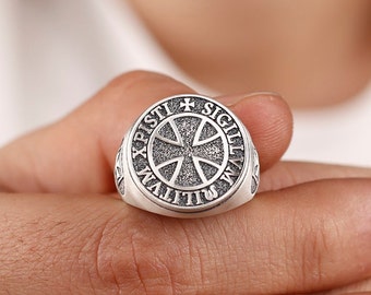 Cross Knights Templar Seal Handmade Sterling Silver Signet Ring, Cross Christian Signet Ring, Cross Christian Knights Ring, Gift Form Himf