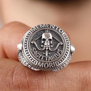 Sagittarius Memento Mori Ring For Men, Male Archery Ring in Oxidized Silver, Skull Ring For Husband, Gothic Ring For Best Friend