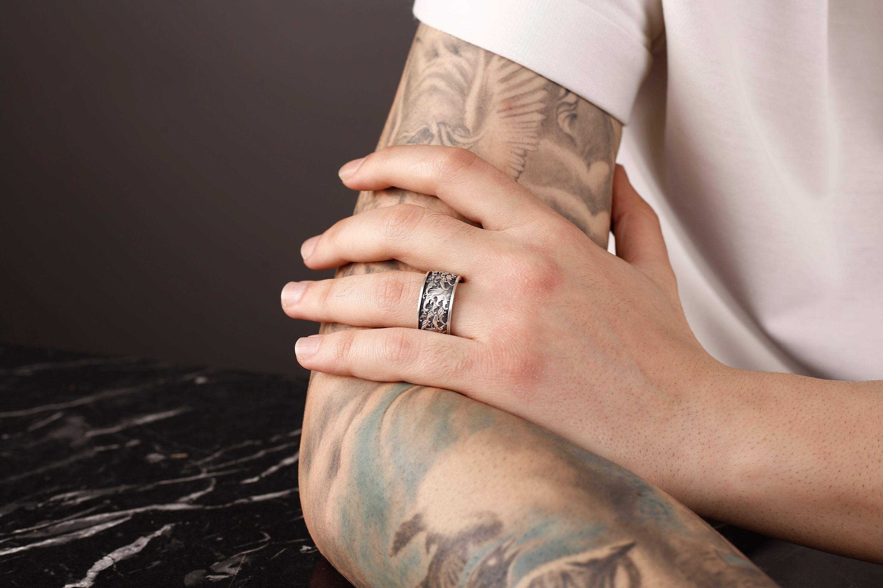 Oxidized Sterling Silver Japanese Wave Ring, Traditional Pattern