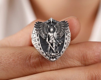 Anillo de San Miguel Arcángel, plata de ley oxidada, anillo religioso para hombre