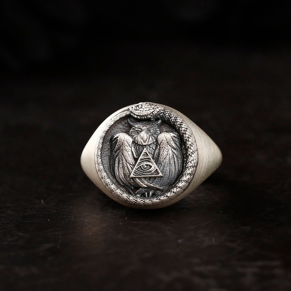 Snake Ourboros Owl Eye Of Providence Masonic, Sterling Silver Master Mason Ring, Mason Ring For Men, Illuminati Symbol, Masonic Pinky Ring