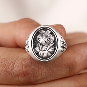 Jesus Christ Signet Ring For Men in Sterling Silver, Christian Signet Ring, Jesus Christ Silver Men Jewelry, Ring For Men, Gift For Him