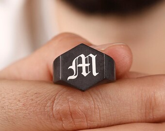 Hexagon Personalized Men Signet Ring In Silver, Personalized Men Ring, Gift For Him, Engraved Men Signet Ring, Inıtial Men Ring
