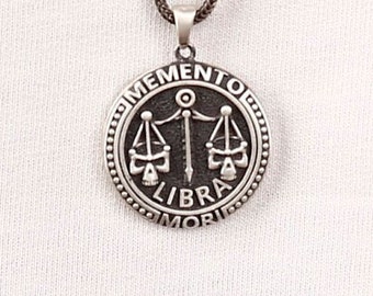 Libra memento mori necklace for men in sterling sivler, Goth zodiac necklace for biker, Skull horoscope jewelry for men, Zodiac Men Necklace