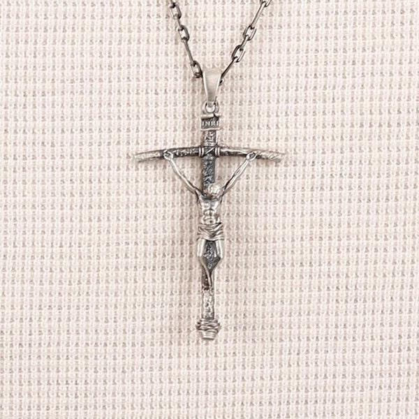 Papal Crucifix Cross Necklace For Men, Sterling Silver Jesus Necklace For Dad, Faith Necklace For Protection, Crucifix Silver Men Necklace