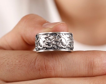 Oxidierter Sterlingsilber-Ring mit japanischer Welle, Band mit traditionellem Muster