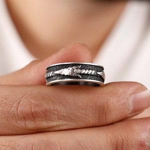 Handmade Arrow Engraved Mens Silver Ring, Oxidized Silver Archery Ring, Archery Silver Jewelry, Silver Archery Men Ring, Silver Men Ring