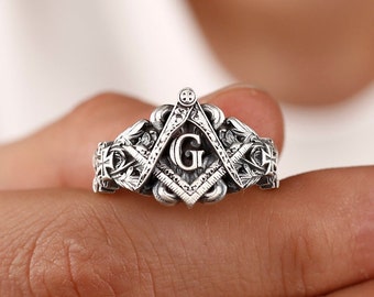 Sterling Silver Masonic Ring, Floral & Cross Motifs, Freemason Symbol