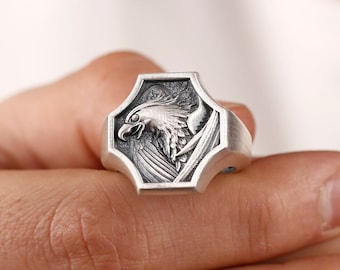 Oxidized Sterling Silver Eagle Ring, Engraved Bird Signet Ring