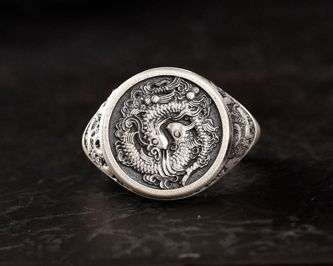 Chinese River Fish Traditional Ring for Men, Silver Ring