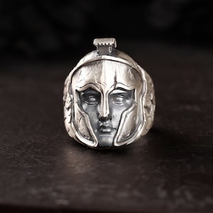 Helmeted Spartan Warrior Band Ring, Ancient Greek Jewelry, Mens Spartan Ring, Oxidized Men Ring, Spartan Helmet Ring, Silver Spartan Rings