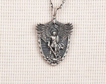 Saint Michael Archangel Shield 925 Silver Necklace, St Michael Archangel Pendant For Christian, Oxidized Faith Necklace, Silver Men Necklace