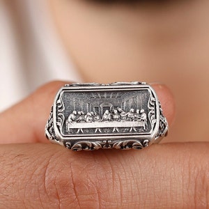 The Last Supper Signet Ring for Men in Sterling Silver , Jesus Christ Leonardo Pattern Silver Ring, Christian Jewelry, Christian Ring