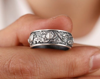 Japanese Lotus Flower Sterling Silver Men's Band Ring