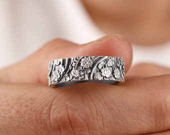 Japanese Wind and Flower Traditional Wedding Men's Band Ring, Flower Ornamental Wedding Silver Ring, Engagement Gift, Men Promise Ring