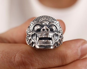 Sterling Silver Barong God Ring, Balinese Gothic Signet