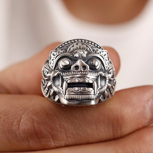 Silver Barong God Of Good Mens Ring, Balinese Mythology Gothic Ring For Men, Indonesian Ring, Barong God Silver Ring, Silver Signet Ring