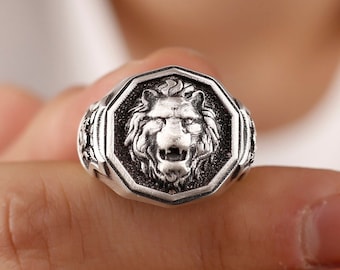 Anillo de sello de león en plata esterlina hecho a mano, joyería de animales salvajes