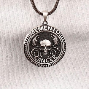 Cancer Zodiac Memento Mori Coin Necklace For Men, Cancer Horoscope Necklace in Sterling Silver, Gothic Zodiac Silver Men Necklace