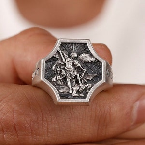 Archangel Michael Signet Men Ring in Sterling, Michael Defeating Satan Ring for Men, Catholic Ring, Religious Mens Ring, Christian Rings