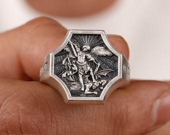 Archangel Michael Sterling Silver Signet Ring, Religious Catholic Jewelry
