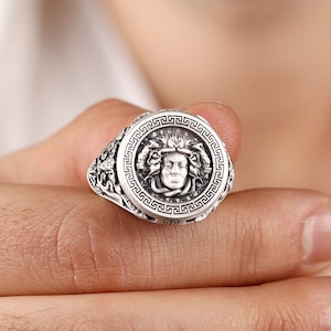 Gorgon Medusa Handmade Sterling Silver Men Biker Ring, Greek Mythology Ring, Medusa Gothic Ring, Gorgon Medusa Silver Jewelry, Gift For Dad