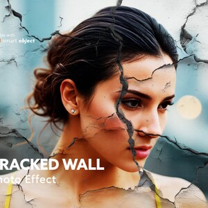May include: A woman's face is partially obscured by a cracked wall effect. The wall is white with black cracks and a blue background. The text "CRACKED WALL Photo Effect" is at the bottom of the image.