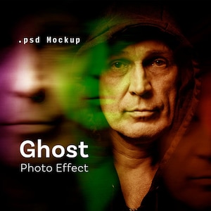 May include: A photo effect mockup with a man's face in the center. The face is partially obscured by a blurred image of another face. The text "Ghost Photo Effect" is at the bottom of the image.
