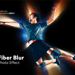 May include: A dynamic photo effect featuring a man in athletic wear mid-air, set against a black backdrop with vibrant streaks of orange and blue light. The text "Fiber Blur Photo Effect" is displayed.