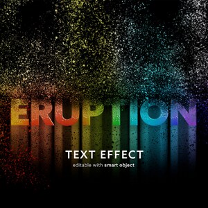 Könnte beinhalten: Texteffekt-Grafik mit dem Wort "ERUPTION" in Regenbogenfarben auf einem glitzernden, gesprenkelten Hintergrund. Der Text ist mit einem Smart-Objekt bearbeitbar.